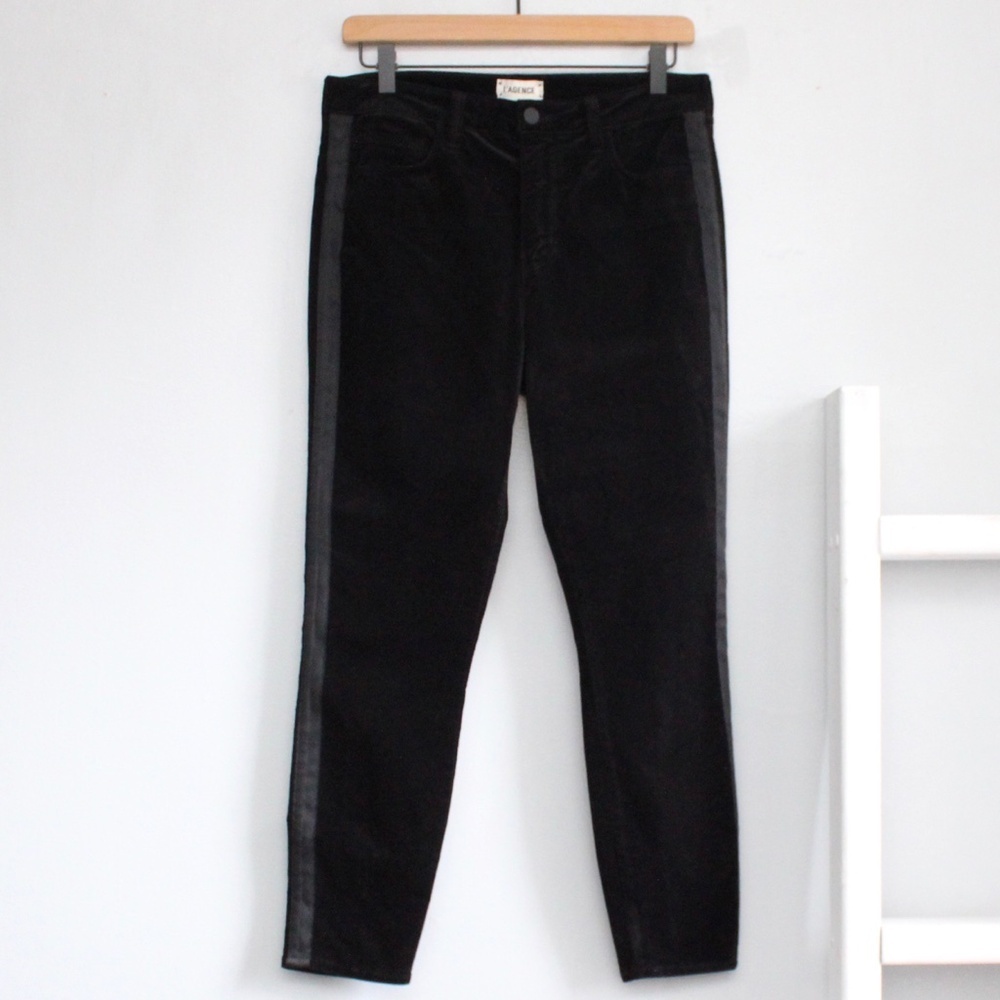 L'AGENCE Noir Black Margot Velvet Side Stripe High-Rise Skinny Jeans Size 29